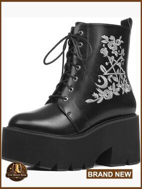 Women's Gothic Platform Combat Boots with Chains & Studs Lace Up Wedge Boots